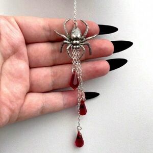 Gothic Spider Necklace with drop Red hanging jewels engraved detailing NWT